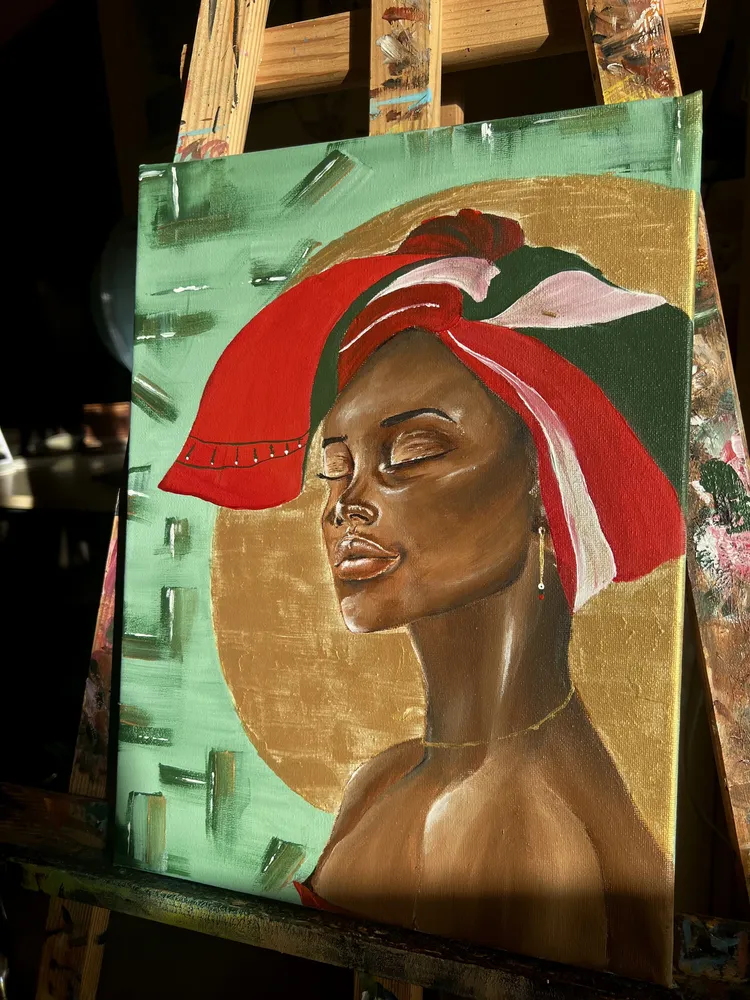 Golden Dreams painting on an easel in Urška's studio
